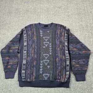 Baffo Sweater Mens EU 52 Blue Geometric Cable-Knit Crewneck Heavyweight Pullover